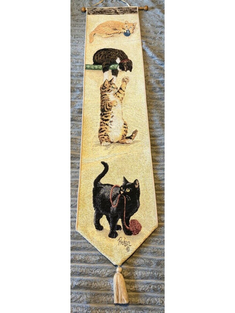 Curious Kitties Bell Pull Wall Hanging By Linda Picken 9"x41" Cotton/Acrylic/Pol